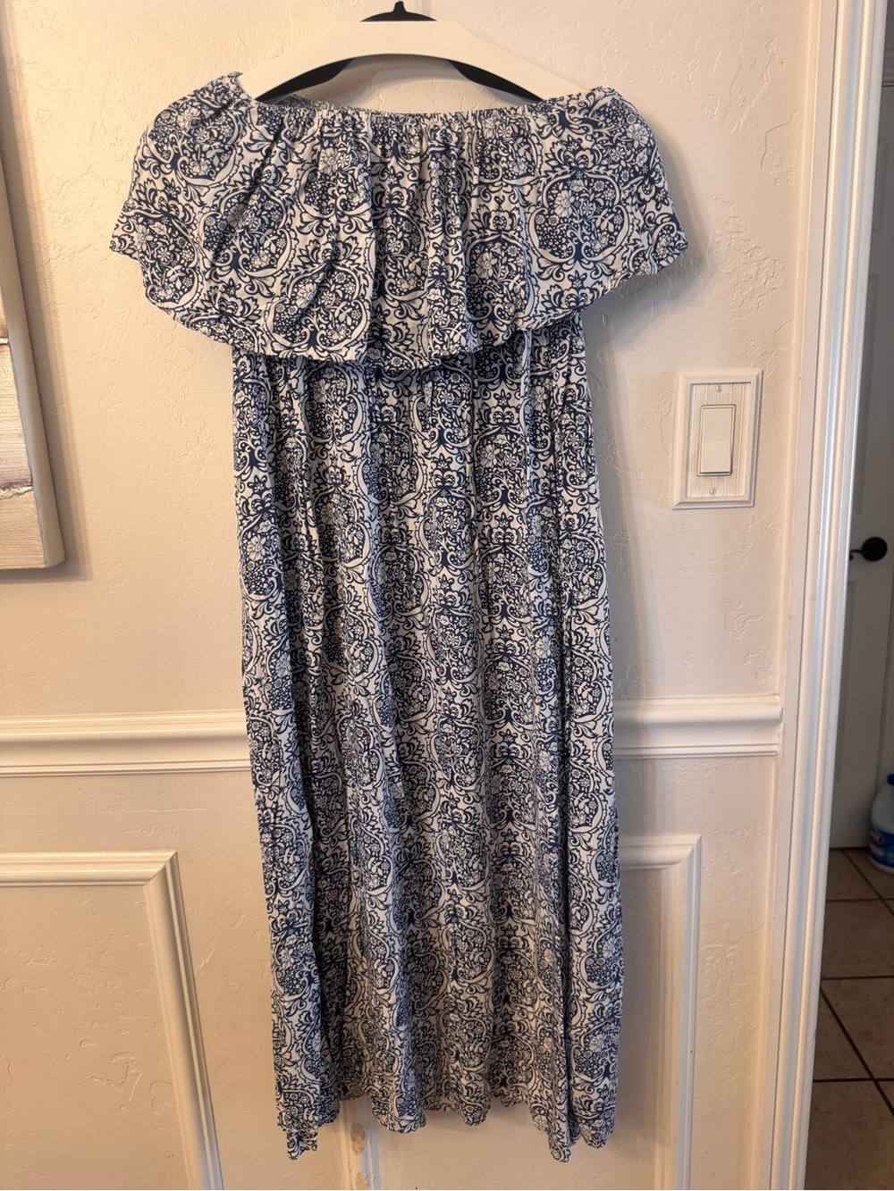 NWOT Off-Shoulder Blue and White Printed Maxi Dress